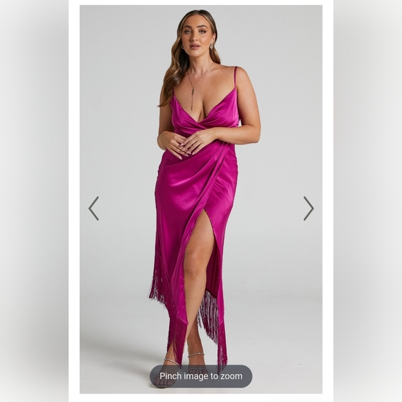 RHOLIE PLUNGE NECK FRINGE HEM FIXED WRAP MIDI DRESS IN PINK - Picture 2 of 11